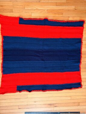 Vintage 70s crocheted red blue blanket throw 50x52 Grandmacore